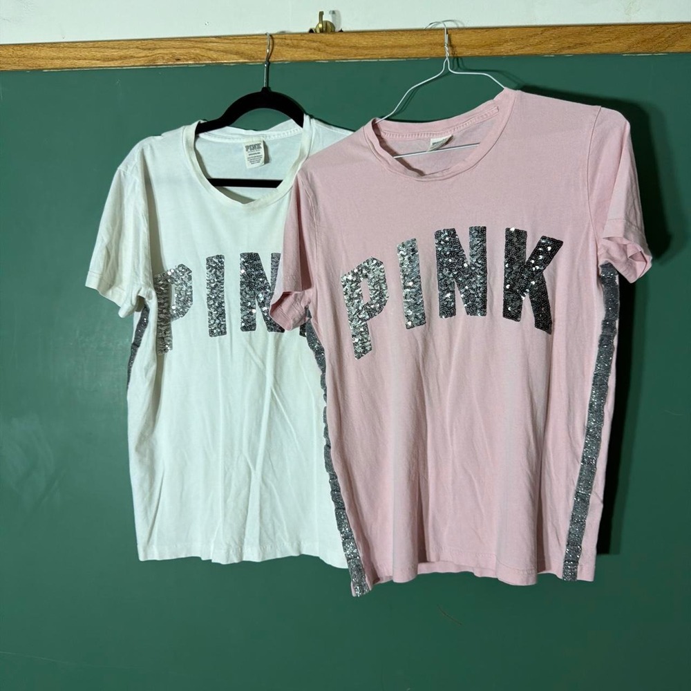 Victoria's Secret PINK Glitter Sequin T-Shirt Bundle White Pink Women's S 2pk